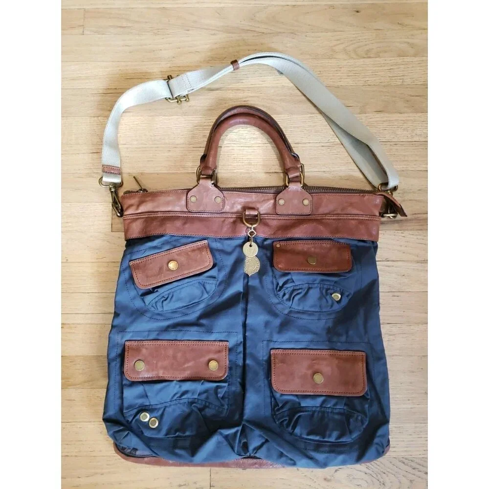 Ralph Lauren Vintage Messenger Bag Monmouthshire Nylon Tote Leather Trim Gray
